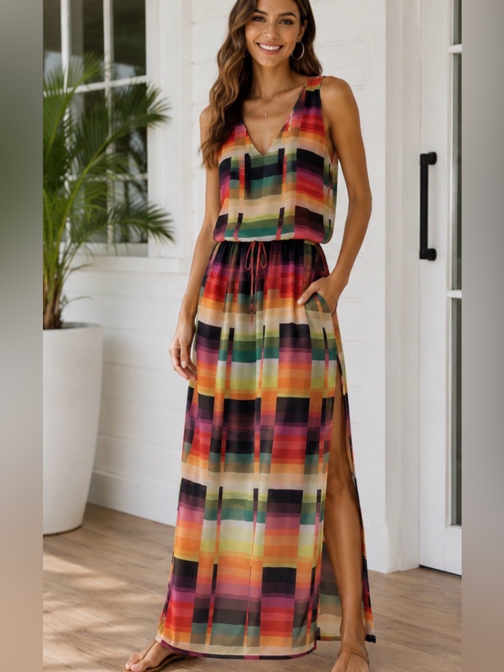 Katherine Barclay Montreal Multicolor Geometric Sleeveless Maxi Dress Size XL